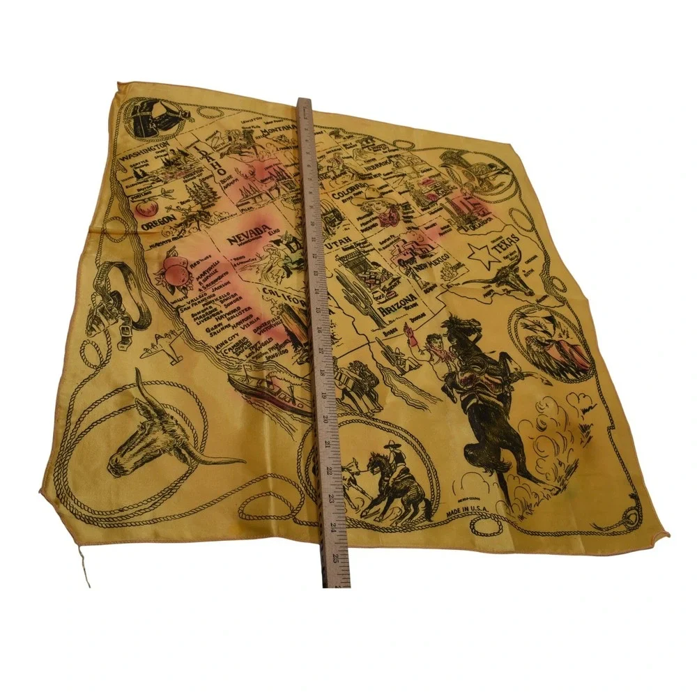 Vintage Western USA Map Souvenir Scarf Yellow Cowboy Americana Made in USA 23x23